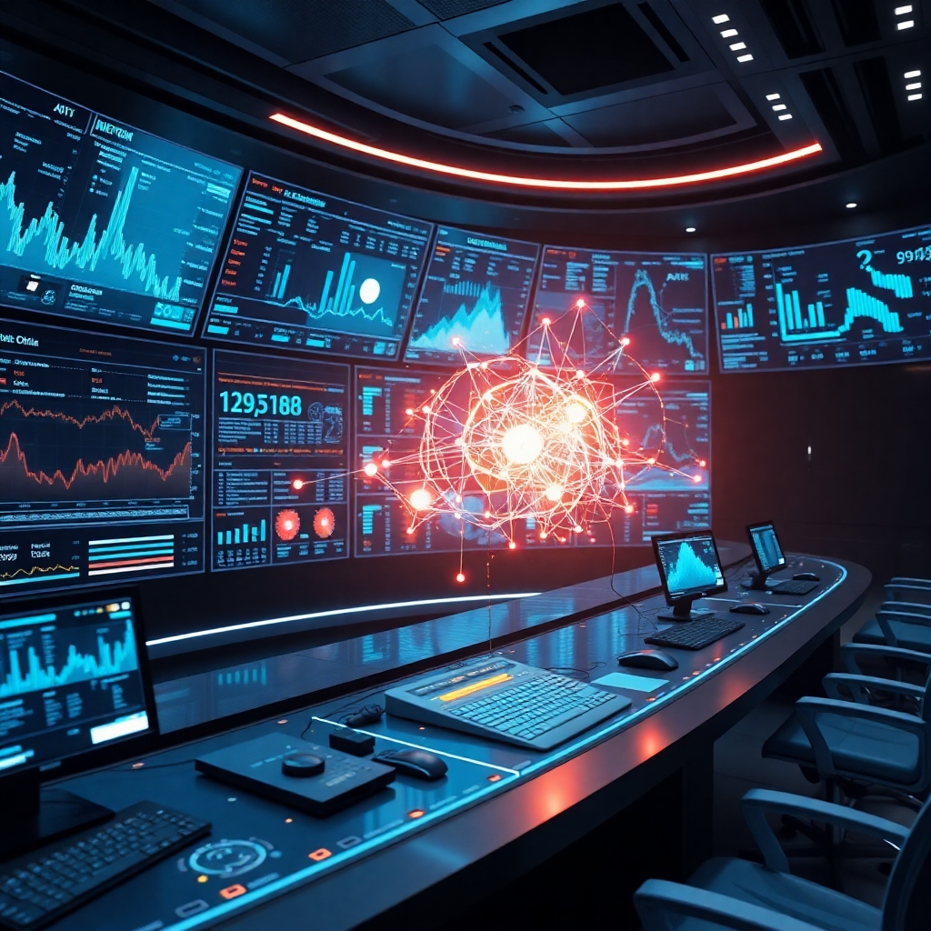 A photorealistic image depicting a futuristic control room with holographic displays showing complex data streams.  An AI algorithm represented as a glowing network is analyzing the data, highlighting key insights and trends. The room should be sleek and modern, emphasizing advanced technology and analytical capabilities.