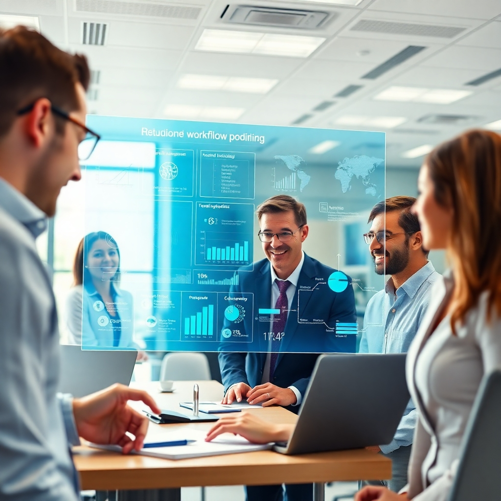 A photorealistic image depicting a modern, bright office with employees collaborating around a large holographic display showing streamlined workflow processes and data visualizations.  The scene should highlight reduced paperwork, automated systems, and happy, productive employees.  The overall mood should be one of efficiency and technological advancement. Use vibrant colors and sharp details to enhance the image quality.