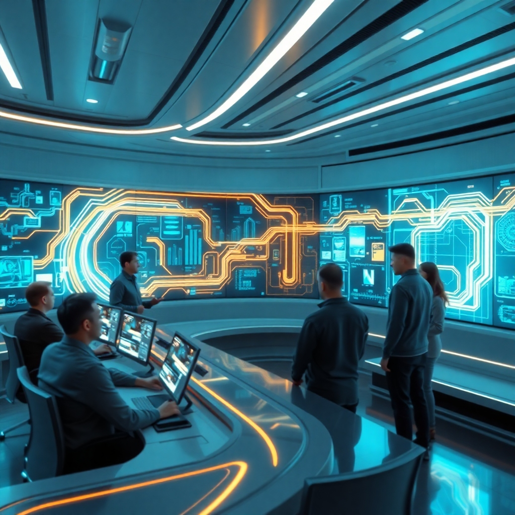 A photorealistic image depicting a futuristic control room with holographic displays showing complex process flows, optimized by AI algorithms represented as flowing, glowing lines.  The room should have a sleek, modern design with a diverse team of engineers monitoring the displays. The overall mood should be one of efficiency and technological advancement.