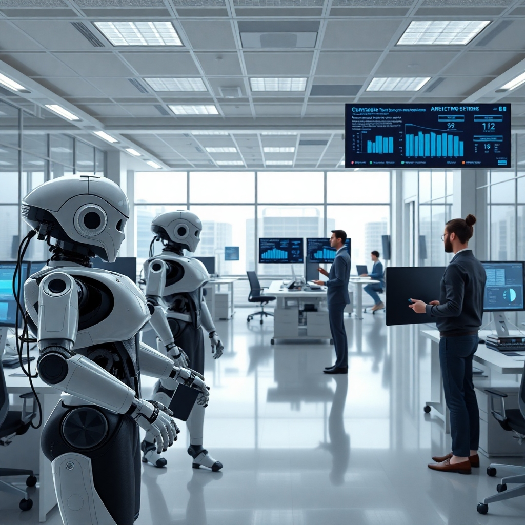 A photorealistic image of a modern, bright office space with several robots and AI-powered systems seamlessly integrated into the workflow.  The robots should be assisting human employees with tasks, and data visualizations should be displayed on screens showing efficiency improvements. The overall mood should be one of calm productivity and technological advancement.