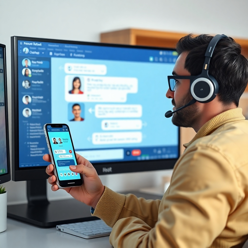 A photorealistic image showing a customer interacting with a friendly AI chatbot on a smartphone and a computer screen simultaneously.  The chatbot is providing personalized and efficient support. The background should subtly showcase happy customers, positive reviews, and a clean and modern interface.