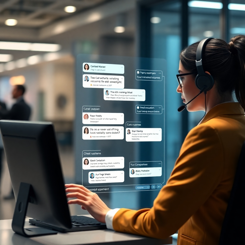 A photorealistic image showing a customer service representative using a sophisticated AI-powered interface to interact with multiple customers simultaneously. The interface displays chat windows with various customer queries and the AI's intelligent responses. The background should suggest a modern, customer-focused business environment.