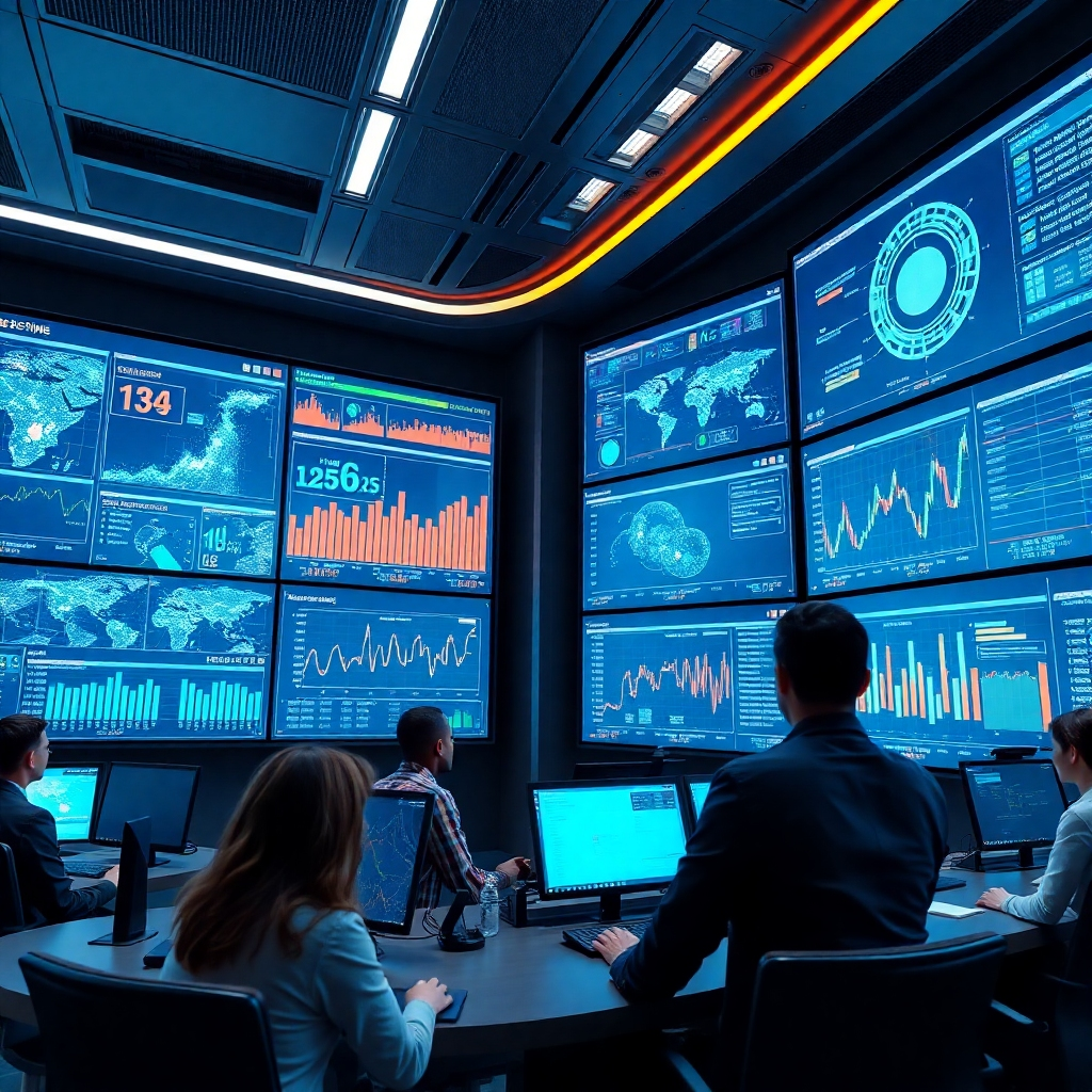 A photorealistic image showing a futuristic control room with large screens displaying complex data visualizations and AI-driven predictive analytics.  The scene should convey intelligent decision-making through AI, highlighting patterns, trends, and risk assessments.  The image should feature a diverse team of professionals monitoring the screens, using the AI insights to make informed decisions.  Use a color scheme that reflects innovation and technology.