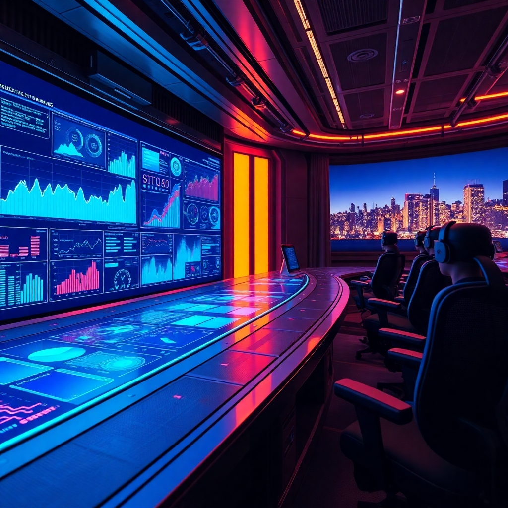 A photorealistic image, ultra-detailed, 8K resolution, depicting a futuristic control room with dramatic side lighting. The central element is a holographic projection of complex data visualizations, showing dynamic charts, graphs, and predictive models. The colors are vibrant and dynamic, with a color palette incorporating blues, purples, and oranges to represent the data flow and analysis. The camera angle is a low-angle shot, emphasizing the scale and complexity of the data visualization. The texture of the environment includes sleek metallic surfaces, glowing screens, and the subtle grain of the control room's floor. The mood is one of technological advancement and innovative problem-solving. The style should evoke a futuristic, sci-fi aesthetic, perhaps inspired by the works of Syd Mead.  Environmental elements include advanced computing hardware, high-tech sensors, and intricate wiring. Relevant props include virtual reality headsets, touchscreens, and sophisticated peripherals. The background should include a subtle depiction of a city skyline, representing global reach and impact. The image should convey a sense of power, control, and predictive capabilities.