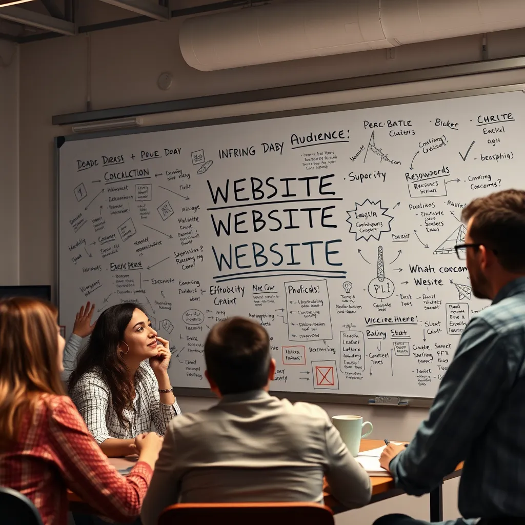 A brainstorming session with a diverse group of people, each contributing ideas and concepts to a whiteboard filled with sketches, notes, and keywords related to website development, with a focus on defining the purpose and target audience of a website.