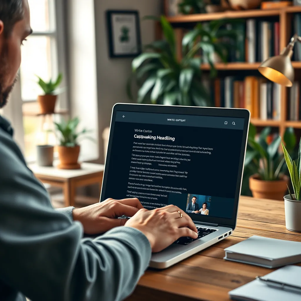 A photorealistic, ultra-high quality image of a writer using a laptop to write content for a website. The laptop screen displays a blog post with captivating headlines and engaging text. The background should be a cozy and inspiring workspace with bookshelves, plants, and natural light. The overall mood should be one of creativity and productivity. Render in 8K resolution with hyperrealistic details and textures. Capture the writer's focused expression and the warmth of the lighting. Include subtle reflections and highlights on the laptop screen to add depth and realism.