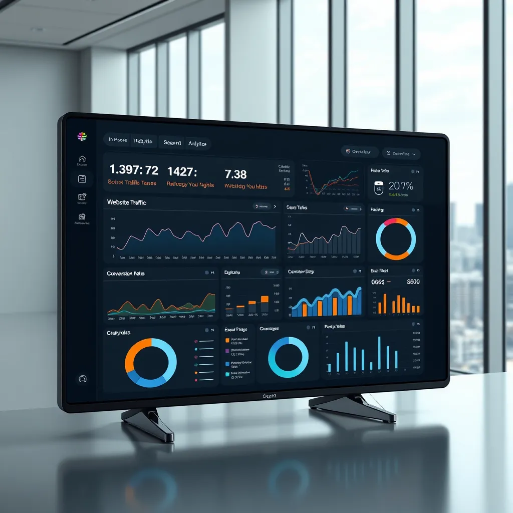 A photorealistic, ultra-high quality image of a website analytics dashboard with a modern, user-friendly interface. The dashboard displays graphs, charts, and data visualizations representing website traffic, conversion rates, and user engagement. The background should be a minimalist office space with a large window overlooking a bustling cityscape. The overall mood should be one of data-driven insights and strategic decision-making. Render in 8K resolution with hyperrealistic details and textures. Emphasize the clarity and readability of the dashboard elements. Include subtle lighting effects and reflections to enhance the visual appeal.