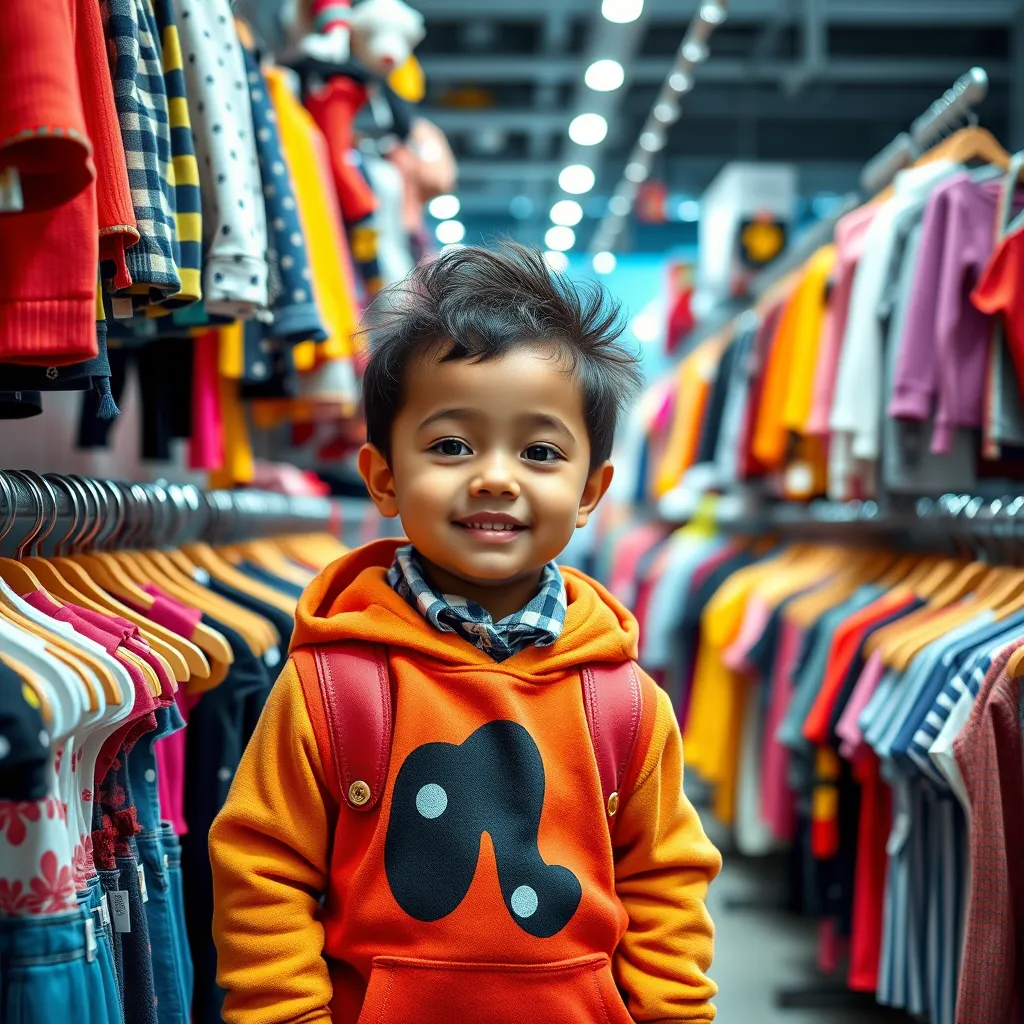 A colorful and vibrant image of a young child wearing stylish children's clothing, surrounded by a wide array of different clothing items and accessories displayed on racks and shelves. The image should convey a sense of variety and abundance.